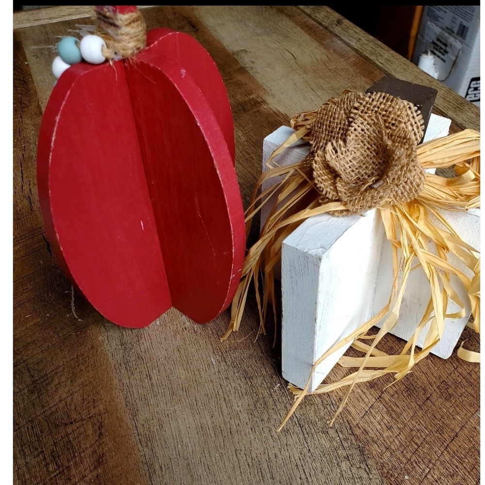 Handmade Wood Pumpkin Decor Set Red White Rustic Farmhouse Fall Thanksgiving 2pc